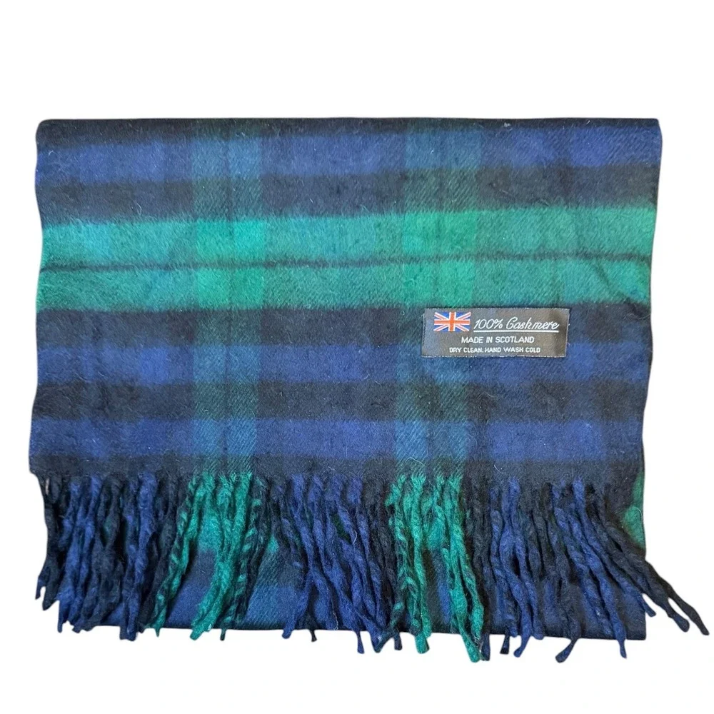 100% Cashmere Black Watch Plaid Scarf Made in Scotland Fringe